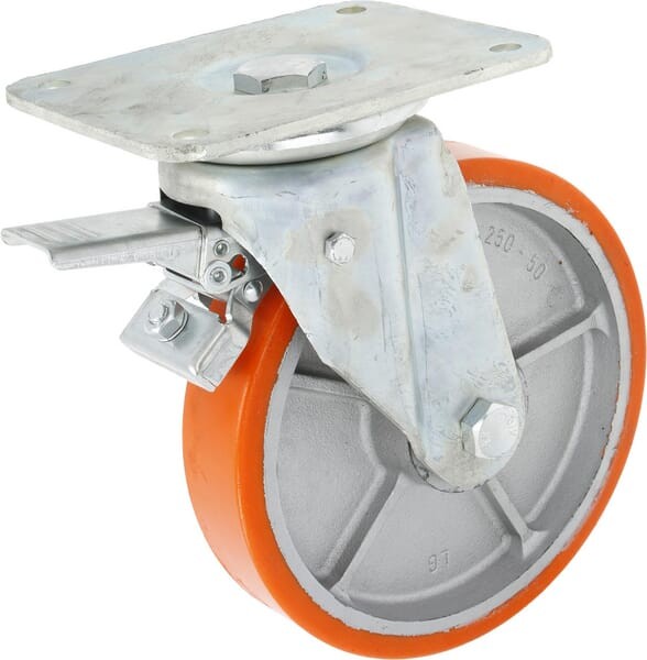 Koło skrętne PU Ø 250x50 mm z hamulcem, podstawa montażowa: 200x160 mm nośność 1200 kg Ro-Carr