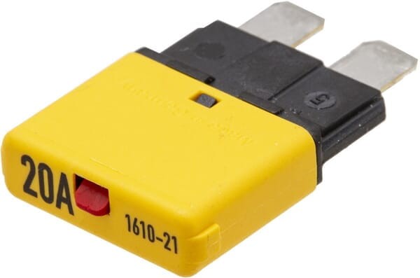 Bezpiecznik termiczny, manualny reset 28V 20A L=34.4 mm żółty E.T.A