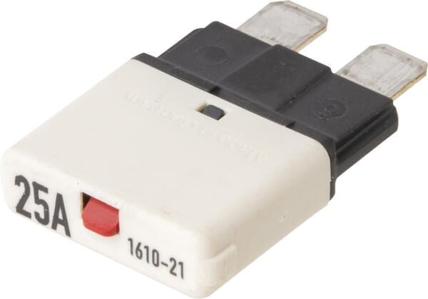 Bezpiecznik termiczny, manualny reset 28V 25A L=34.4 mm biały E.T.A