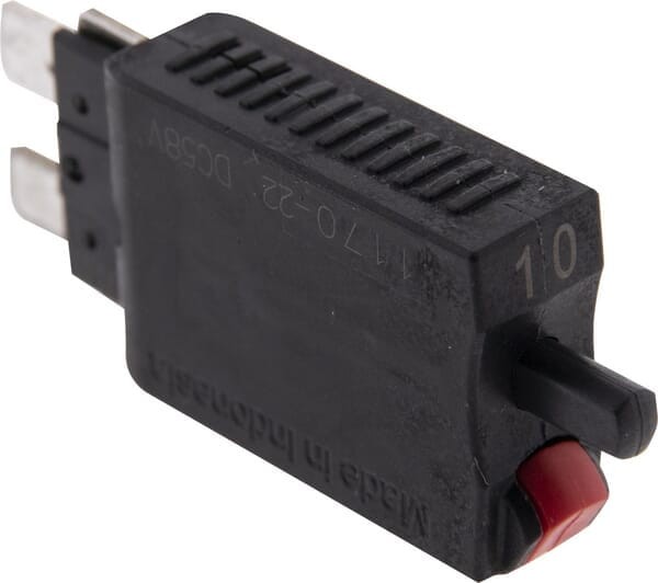 Bezpiecznik termiczny, manualny reset 28V 10A L=51.6 mm czerwony E.T.A