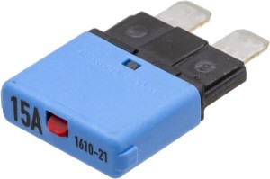 Bezpiecznik termiczny, manualny reset 28V 15A L=34.4 mm niebieski E.T.A