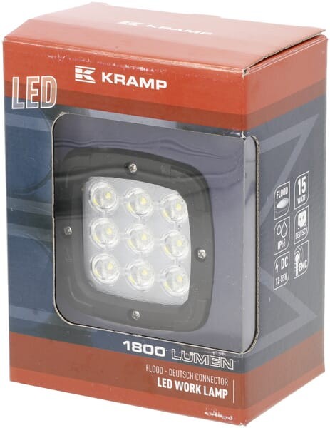 Lampa robocza LED, kwadratowa 15W 1800lm 12/55V z wtyczką Deutsch, światło rozproszone 9 LED Kramp