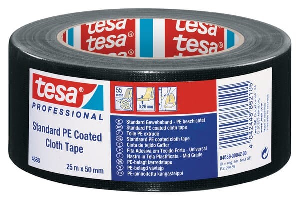 Taśma tkaninowa, standardowa, powlekana PE, czarna, 25 m x 50 mm, TesaBAND®