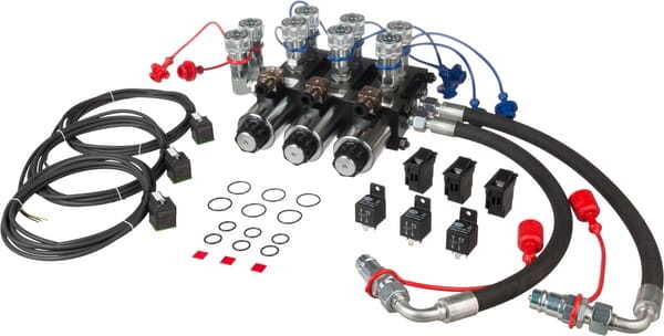 Zestaw zaworów rozdzielacza 10/4 12 VDC ze złączami i wężami 10412AK10141SET