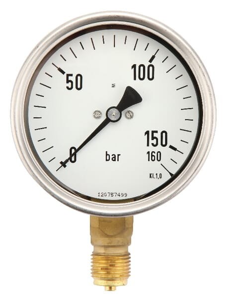 Manometr glicerynowy, Ø 100 mm 0-160 bar, przyłącze dolne 1/2" MA100160L08SSGF