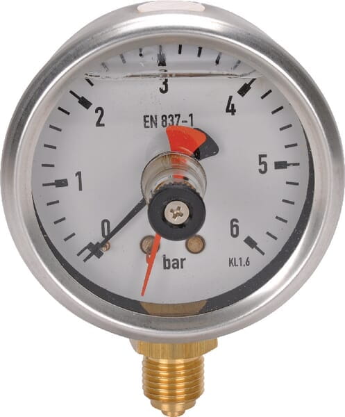 Manometr glicerynowy, Ø 63 mm 0-6 bar, przyłącze dolne 1/4" ze wskaźnikiem pamięci MA6306MEMPOINT