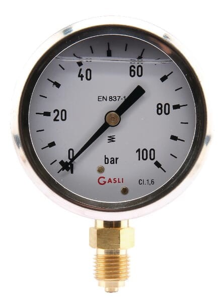 Manometr glicerynowy, Ø 63 mm 0-100 bar, przyłącze dolne 1/4" MA63100L04SSGF