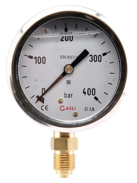 Manometr glicerynowy, Ø 63 mm 0-400 bar, przyłącze dolne 1/4" MA63400L04SSGF