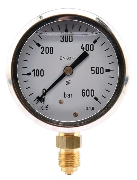 Manometr glicerynowy, Ø 63 mm 0-600 bar, przyłącze dolne 1/4" MA63600L04SSGF