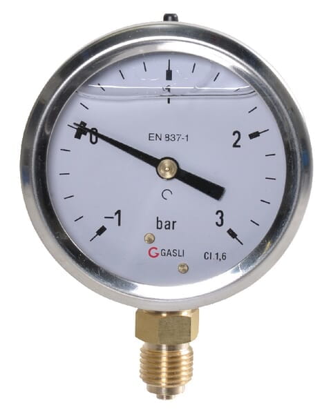 Manowakuometr glicerynowy, Ø 63 mm -1/+3 bar, przyłącze dolne 1/4" MAV630130L04SSGF