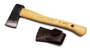 Toporek Kempingowy Z Osłoną Skórzaną Ostrza I Tuleją Na Pasek, Trzonek Hikora