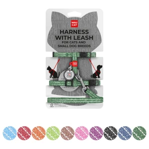 WAUCAT Re-cotton szelki ze smyczą dla kotów z QR-paszportem, z materiału recyklingowego, odblaskowa, plastikowy fastex, XS, szer. 10 mm, dł. 122 cm, B 25-40 cm, C 20-30 cm zielony