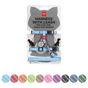 WAUCAT Re-cotton szelki ze smyczą dla kotów z QR-paszportem, z materiału recyklingowego, odblaskowa, plastikowy fastex, XS, szer. 10 mm, dł. 122 cm, B 25-40 cm, C 20-30 cm niebieski