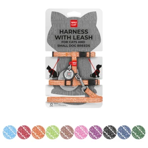 WAUCAT Re-cotton szelki ze smyczą z QR-paszportem, z materiału recyklingowego, odblaskowa, plastikowy fastex, XS, szer. 10 mm, dł. 122 cm, wys. 25-40 cm, szer. 20-30 cm, pomarańczowe