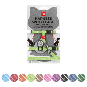 WAUCAT Re-cotton szelki ze smyczą z QR-paszportem, z materiału recyklingowego, odblaskowa, plastikowy fastex, XS, szer. 10 mm, dł. 122 cm, B 25-40 cm, C 20-30 cm jasnozielony