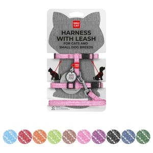 WAUCAT Re-cotton szelki ze smyczą z QR-paszportem, z materiału recyklingowego, odblaskowa, plastikowy fastex, XS, szer. 10 mm, dł. 122 cm, B 25-40 cm, C 20-30 cm różowy