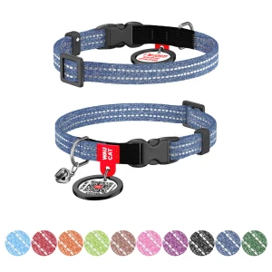 Obroża dla kota z bawełny regenerowanej WAUCAT Re-cotton z QR-paszportem , odblaskowa, plastikowy fastex, XS, szer. 10 mm, dł. 20-30 cm, niebieska