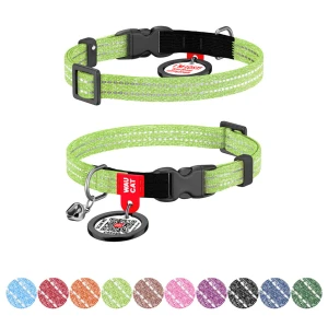 Obroża dla kota z bawełny regenerowanej WAUCAT Re-cotton z QR-paszportem , odblaskowa, plastikowy fastex, XS, szer. 10 mm, dł. 20-30 cm, jasnozielona