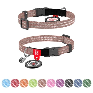 Obroża dla kota z bawełny regenerowanej WAUCAT Re-cotton z QR-paszportem , odblaskowa, plastikowy fastex, XS, szer. 10 mm, dł. 20-30 cm, brązowa