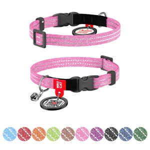 Obroża dla kota z bawełny regenerowanej WAUCAT Re-cotton z QR-paszportem , odblaskowa, plastikowy fastex, XS, szer. 10 mm, dł. 20-30 cm, różowa