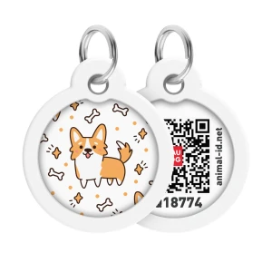 WAUDOG Smart ID metalowa zawieszka dla zwierząt z QR-paszportem, wzór «Corgi», okrągły, śred. 30 mm