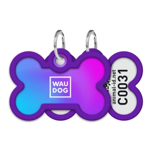 WAUDOG Smart ID metalowa zawieszka dla zwierząt z QR-paszportem, wzór «Fioletowy gradient», kość, śred. 40 mm, szer. 28 mm