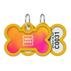 WAUDOG Smart ID metalowa zawieszka dla zwierząt z QR-paszportem, wzór «Pomarańczowy gradient», kość, śred. 40 mm, szer. 28 mm