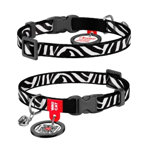 WAUCAT Nylon obroża dla kotów nylonowa z QR adresowka, wzór "Zebra", plastikowy fastex, XS, szer. 10 mm, dł. 20-30 cm