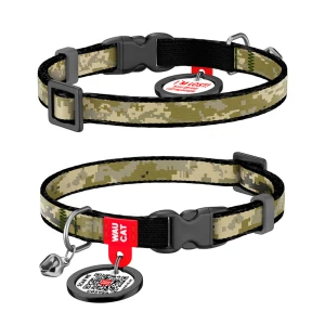 WAUCAT Nylon оbroza dla kotow nylonowa z QR-paszportem, wzor "Military", plastikowy fastex, XS, szer. 10 mm, dl. 20-30 cm