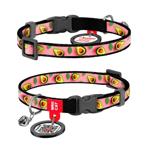WAUCAT Nylon оbroża dla kotów nylonowa z QR-paszportem, wzór "Awokado na różu", plastikowy fastex, XS, szer. 10 mm, dł. 20-30 cm