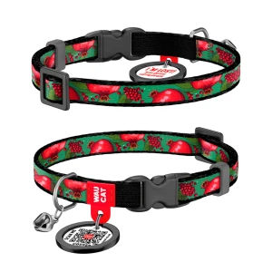 WAUCAT Nylon оbroża dla kotów nylonowa z QR-paszportem, wzór "Granaty", plastikowy fastex, XS, szer. 10 mm, dł. 20-30 cm