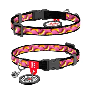 WAUCAT Nylon оbroża dla kotów nylonowa z QR-paszportem, wzór "Banany na różu", plastikowy fastex, XS, szer. 10 mm, dł. 20-30 cm