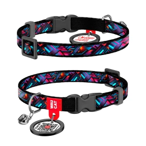 WAUCAT Nylon оbroża dla kotów nylonowa z QR-paszportem, wzór "Nieskończone światy", plastikowy fastex, XS, szer. 10 mm, dł. 20-30 cm