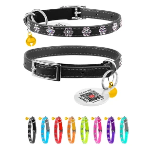 WAUCAT Glamour obroża z gumką i strasami "Kwiatek" (szerokość 9 mm, długość 22-30 cm) czarny