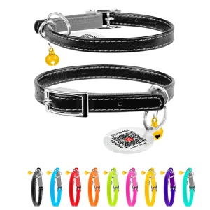 WAUCAT Glamour obroża skórzana dla kotów z QR-paszportem, bez ozdób, XXS, szerokość 9 mm, długość 17-20 cm) czarny
