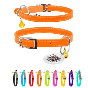 WAUCAT Glamour obroża skórzana dla kotów z QR-paszportem, bez ozdób, XXS, szerokość 9 mm, długość 17-20 cm) pomarańczowy