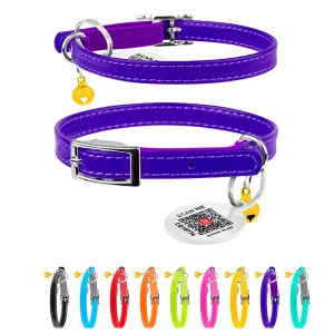 WAUCAT Glamour obroża skórzana dla kotów z QR-paszportem, bez ozdób, XXS, szerokość 9 mm, długość 17-20 cm) fioletowy