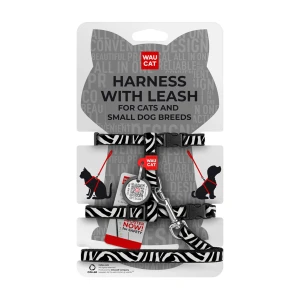 WAUCAT Nylon szelki ze smyczą z QR adresowka, wzór "Zebra", plastikowy fastex, XS, szer. 10 mm, dł. 122 cm, B 25-40 cm, C 20-30 cm