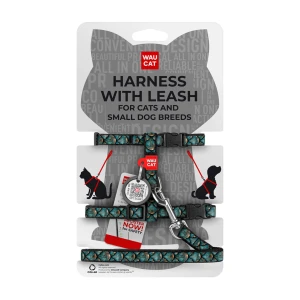 WAUCAT Nylon szelki ze smyczą z QR adresowka, wzór "Łuski", plastikowy fastex, XS, szer. 10 mm, dł. 122 cm, B 25-40 cm, C 20-30 cm