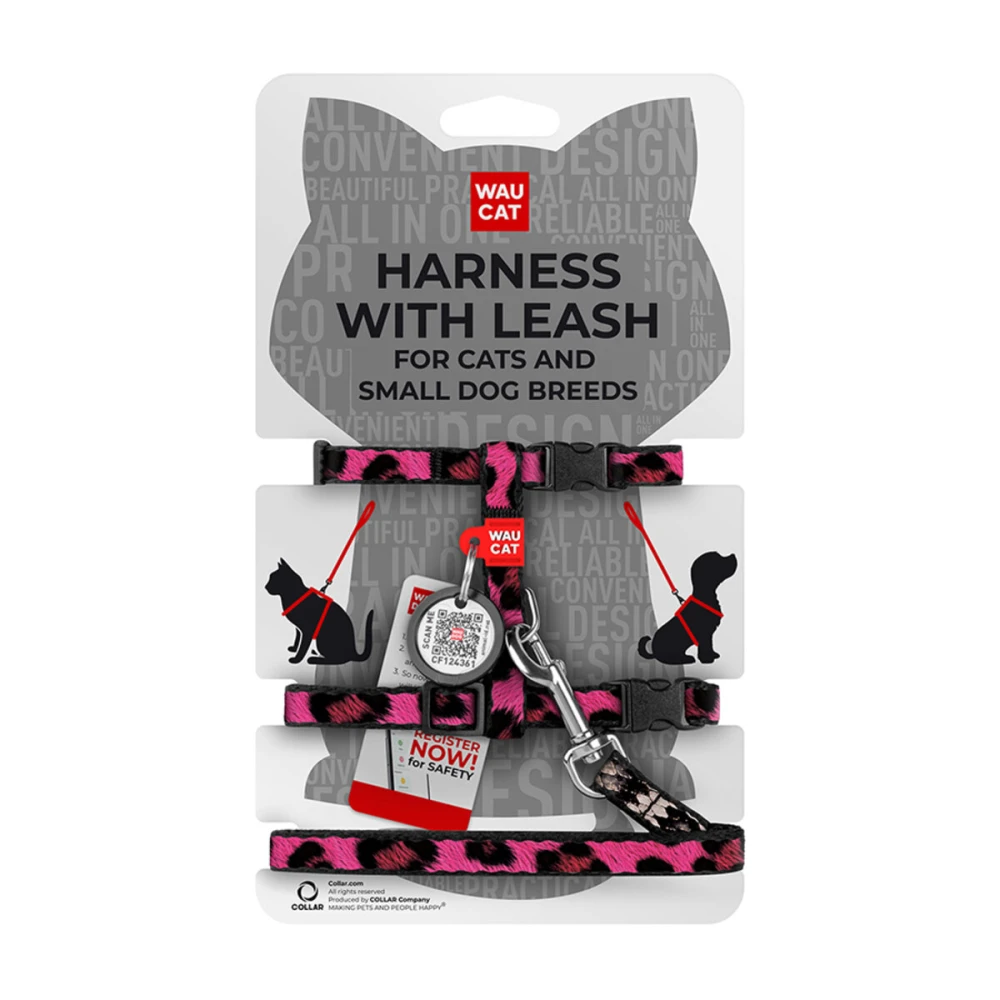 WAUCAT Nylon szelki ze smyczą z QR adresowka, wzór "Lampart różowy", plastikowy fastex, XS, szer. 10 mm, dł. 122 cm, B 25-40 cm, C 20-30 cm