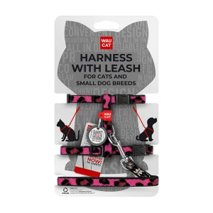WAUCAT Nylon szelki ze smyczą z QR adresowka, wzór "Lampart różowy", plastikowy fastex, XS, szer. 10 mm, dł. 122 cm, B 25-40 cm, C 20-30 cm
