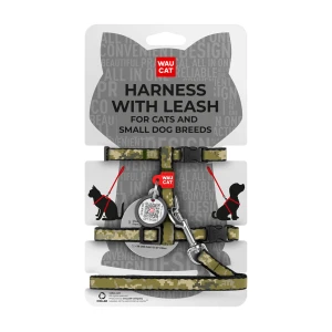 WAUCAT Nylon szelki ze smyczą z QR-paszportem, wzór "Military", plastikowy fastex, XS, szer. 10 mm, dł. 122 cm, B 25-40 cm, C 20-30 cm