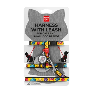 WAUCAT Nylon szelki ze smyczą z QR-paszportem, wzór ''Futrzane potwory'', plastikowy fastex, XS, szer. 10 mm, dł. 122 cm, B 25-40 cm, C 20-30 cm