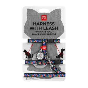 WAUCAT Nylon szelki ze smyczą z QR-paszportem, wzór ''Figa'', plastikowy fastex, XS, szer. 10 mm, dł. 122 cm, B 25-40 cm, C 20-30 cm