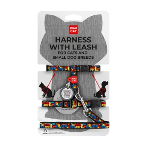 WAUCAT Nylon szelki ze smyczą z QR-paszportem, wzór ''Bloki'', plastikowy fastex, XS, szer. 10 mm, dł. 122 cm, B 25-40 cm, C 20-30 cm