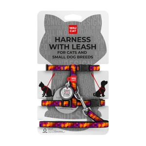 WAUCAT Nylon szelki ze smyczą z QR-paszportem, wzór ''Kostki 3D'', plastikowy fastex, XS, szer. 10 mm, dł. 122 cm, B 25-40 cm, C 20-30 cm