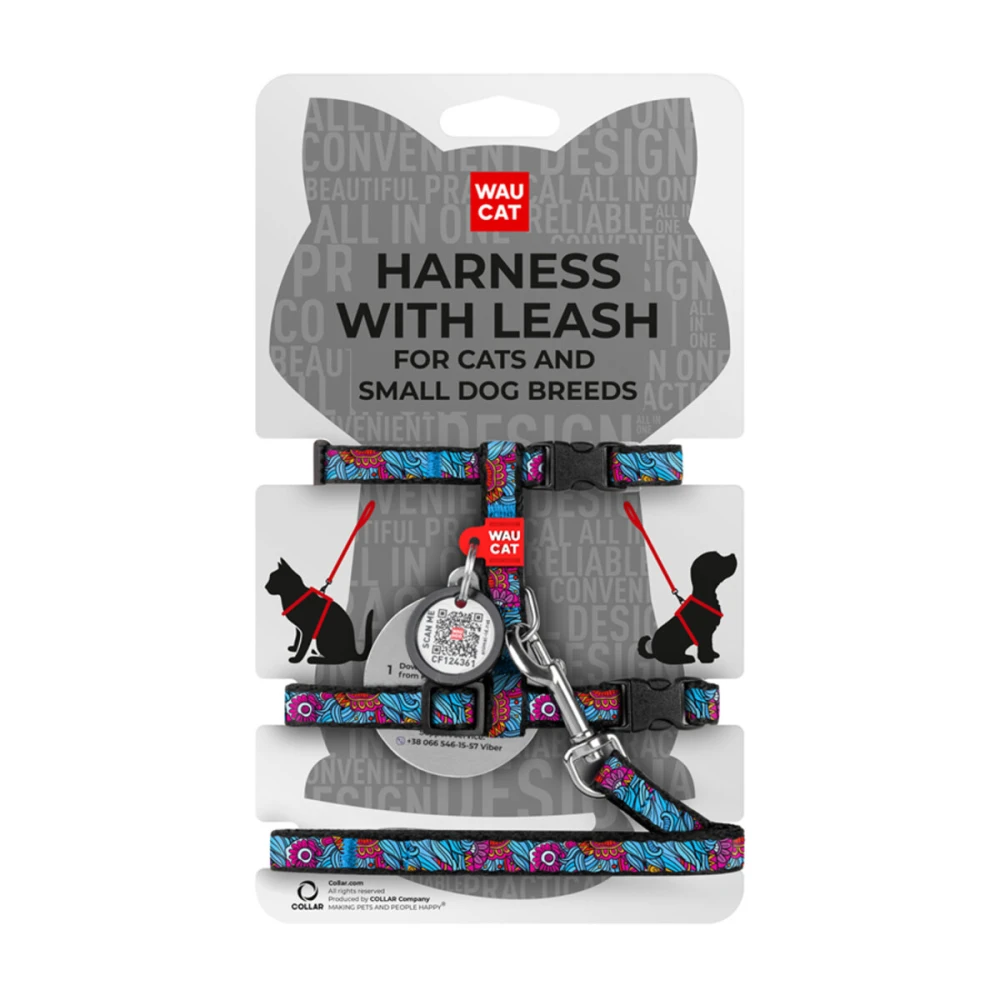 WAUCAT Nylon szelki ze smyczą z QR-paszportem, wzór "Lato", plastikowy fastex, szer. 10 mm, B 25-40 cm, C 20-30 cm